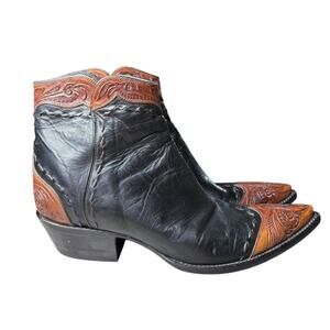 Tres Outlaws Womens Western Cowboy Boots Ankle Blk/Brn Tooled Leather 7.5 B